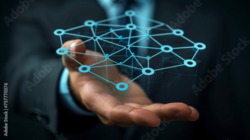 Businessman touching global network and data. Digital transformation conceptual for next generation technology. businessman working with new modern computer show social network structure. 