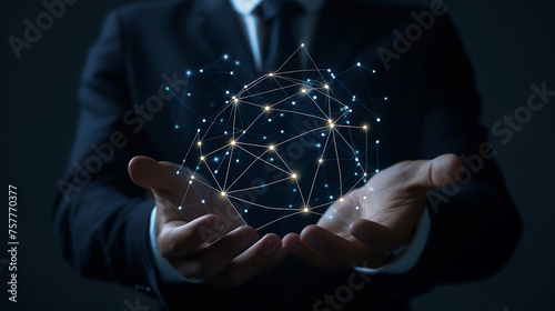Businessman touching global network and data. Digital transformation conceptual for next generation technology. businessman working with new modern computer show social network structure.  photo