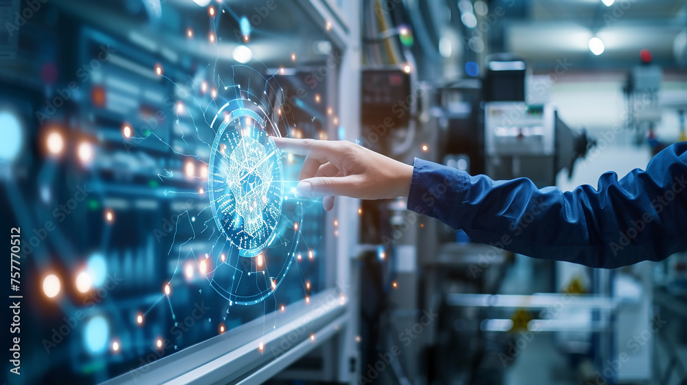 Businessman in blue suit working with digital vurtual screen. Digital transformation conceptual for next generation technology. IT consultant presenting tag cloud about information technology.. 