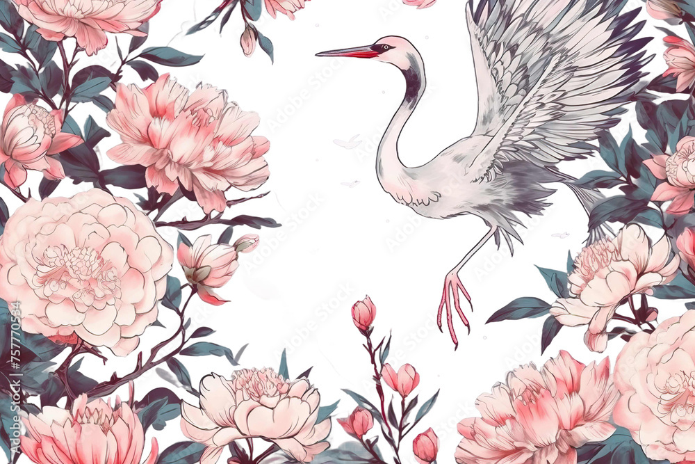 crane Vector nature pink peonies flowers card