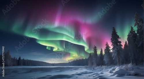 Gorgeous aurora borealis, or northern lights, at night above a winter woodland
