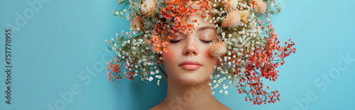 Surreal abstract woman portrait with flowers over head on blue background, concept of environmental friendliness and naturalness of cosmetic products, summer vibes. photo