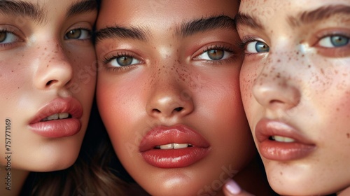 Skincare high-quality photo detail  close-up on face  three beautiful female models fresh face  beautiful  glowing  healthy skin  skin makeup  perfect skin and lips  skincare product