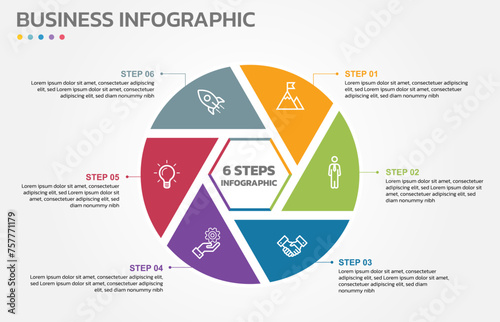 Visual data presentation. Cycle diagram with 6 options. Pie Chart Circle infographic template with 6 steps, options, parts, segments. Business concept. Marketing infographic vector illustration.