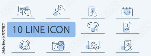 Dating site icon set. Chat, correspondence, monitor, smartphone, like, appearance, relationship, heart. 10 line icon style. Vector line icon for business and advertising