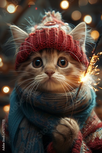 Adorable kitten dons a festive Chinese dragon hat, cozy scarf, stylish Christmas sweater, and holds fairy wand amidst fireworks