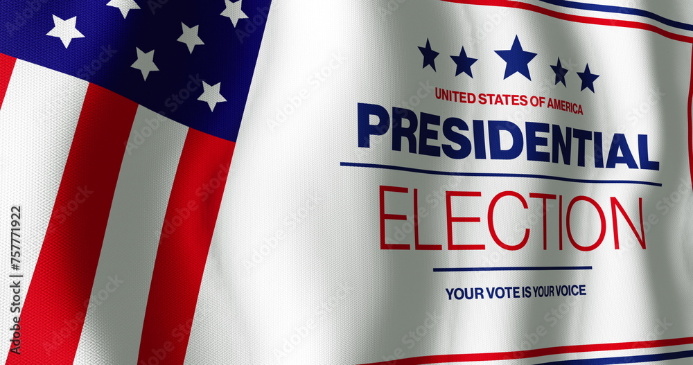 Fototapeta premium Image of usa presidential election, your vote is your voice text with american flag elements