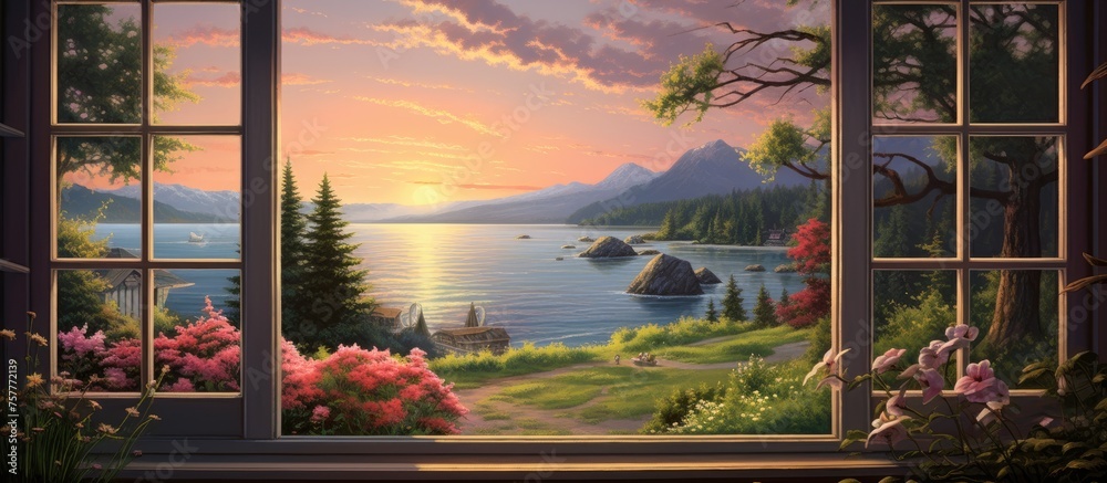 A beautiful natural landscape painting of a sunset over a lake, with water, clouds, sky, and plants, displayed through an open window