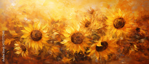 Oil painting golden sunflower background. ..
