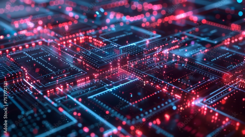 Circuit board lines and glowing red nodes on a dark background. Technology and electronics concept
