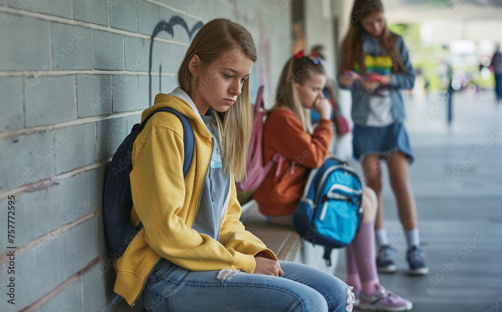 Fototapeta premium Bullying at school. Nervous kids and teenagers, violence and cyberbullying. Derision, denigration, feeling alone. Feelings of sadness and psychological violence. Portrait of young desperate students. 