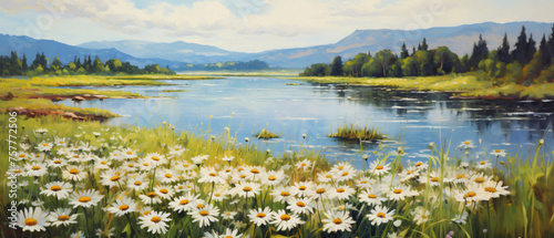 Oil painting landscape meadow of daisies art work ..
