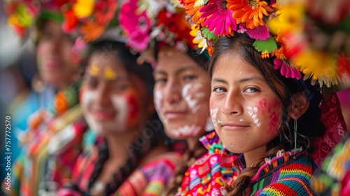 Indigenous women with traditional face paint and floral headdresses. Cultural portrait of native people in colorful clothing
