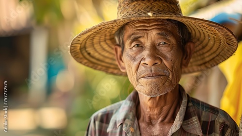 Elderly Asian man with traditional straw hat, cultural and generational portrait. Design for storytelling, cultural heritage, and generational studies