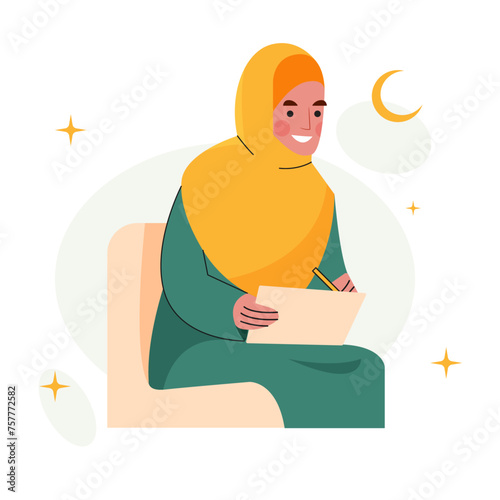 Vector of muslim woman researching for her business, writing on her paper