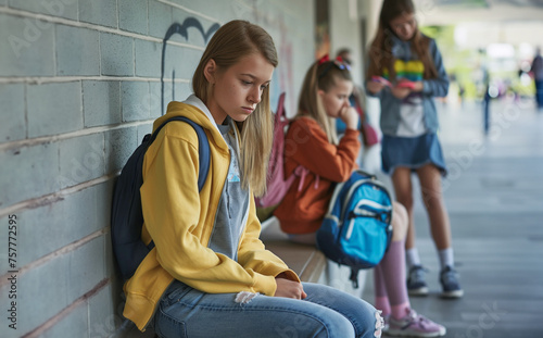 Bullying at school. Nervous kids and teenagers, violence and cyberbullying. Derision, denigration, feeling alone. Feelings of sadness and psychological violence. Portrait of young desperate students. 