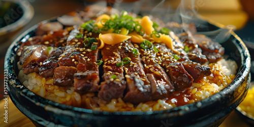  Rice with cheese don consist of Juicy beef saluted and Succulent Steak With Sauce down on it on table      photo
