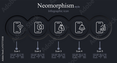 Smartphone icon set. Wi-Fi connection, favorites, wallet, call, growth chart. Neomorphism style. Vector line icon for business and advertising