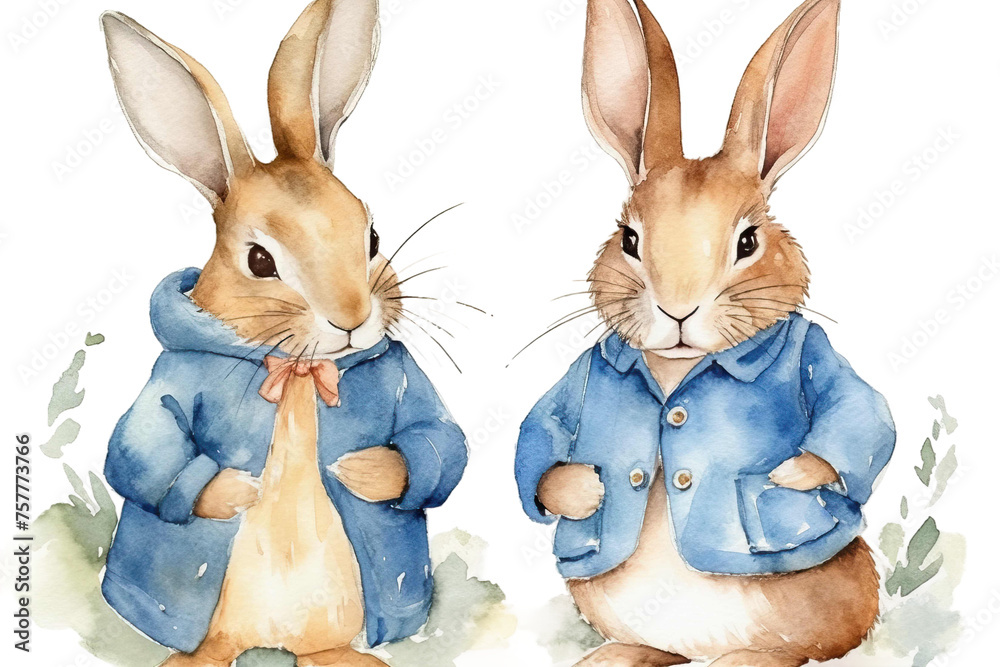 Two jacket watercolor cute blue rabbits