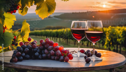 Vineyards at sunset with wine glasses with grapes and cheese platter in the background