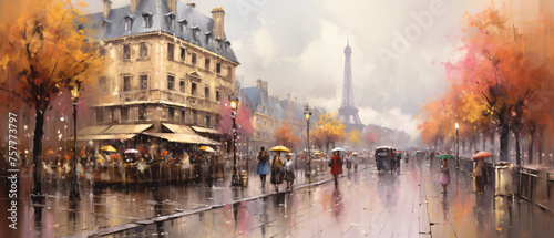 Oil Painting Street View of Paris. .european city land
