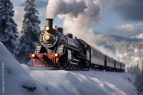 Scenic winter travel with steam locomotive in snowy mountains