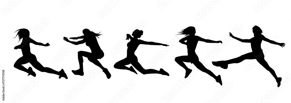 Silhouette collection of happy woman jumping pose. Silhouette collection of female model jumps. Silhouette collection of happy woman jumping pose. Silhouette collection of female model jumps.