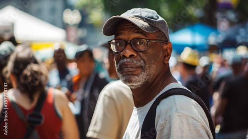 Elderly man with glasses and cap at outdoor market.