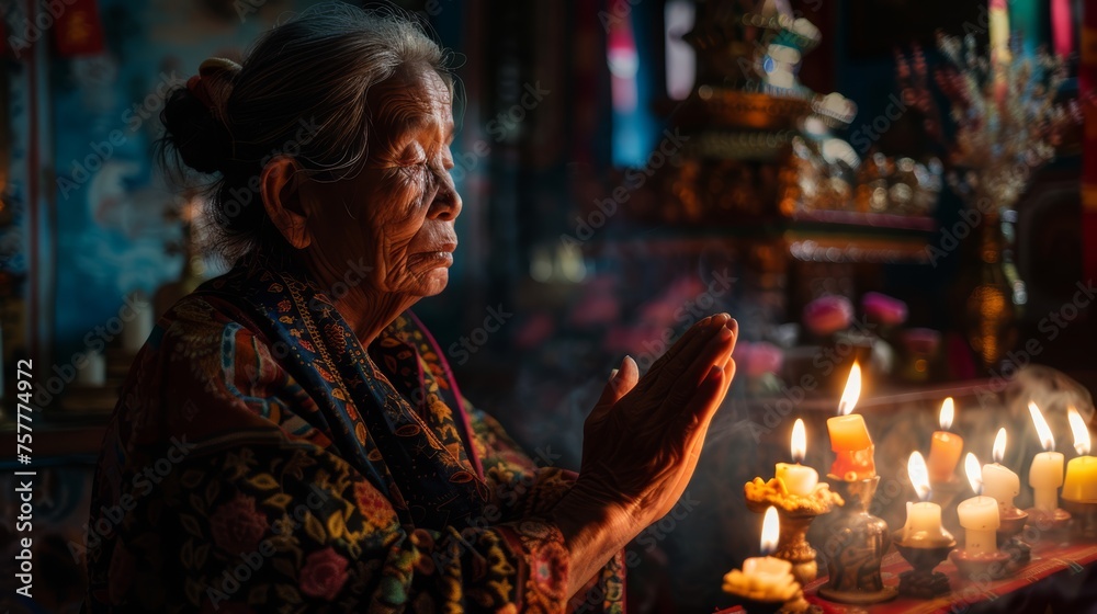 Asian elderly woman praying in front of candles, wearing traditional dress. Indoor low-light portrait with vibrant colors.