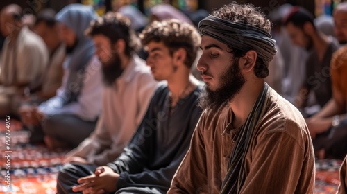 Men in traditional headwear engaged in group prayer. Religious gathering and spiritual practice concept