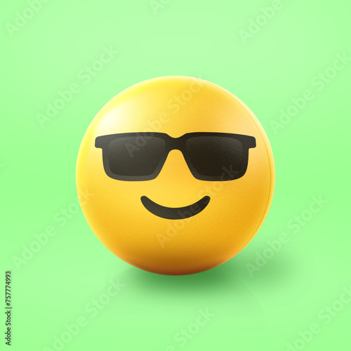 Cool sunglasses Emoji stress ball on shiny floor. 3D emoticon isolated.
