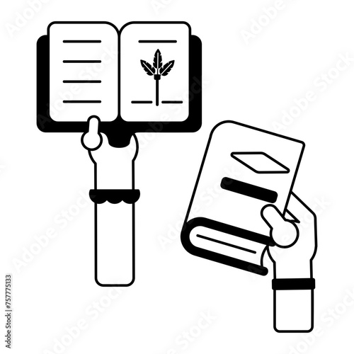 A glyph icon of people holding up story novels 