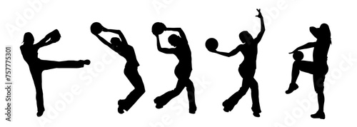 Silhouette collection of a slim sporty woman doing pilates exercise using gym ball. Silhouette collection of sporty female doing physical exercise using fitness ball. 