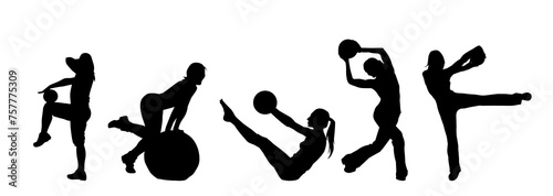 Silhouette collection of a slim sporty woman doing pilates exercise using gym ball. Silhouette collection of sporty female doing physical exercise using fitness ball. 