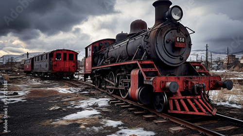 Old Red Star Steam train engines stand abandoned in th