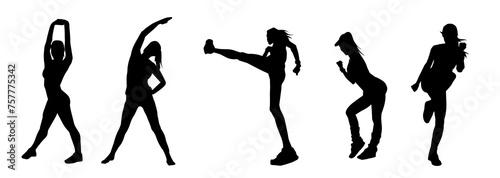Collection silhouette of slim females doing exercise. Silhouette of sporty women doing gym workout pose. 