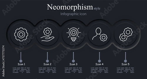 Gears icon set. Setting, hand, light bulb, fitter, mechanism, work. Neomorphism style. Vector line icon for business and advertising