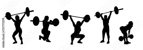 Silhouette collection of female athlete doing weight lifting sport. 