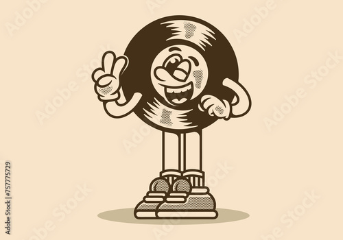 Cute mascot character of a vintage vinyl with hand forming peace symbol