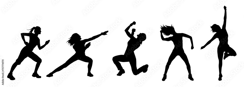 Collection silhouette of female dancer in action pose. Silhouette of slim women in dancing pose.