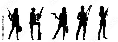 Collection silhouette of female workers in action pose with tools.