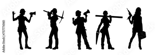 Collection silhouette of female workers in action pose with tools.