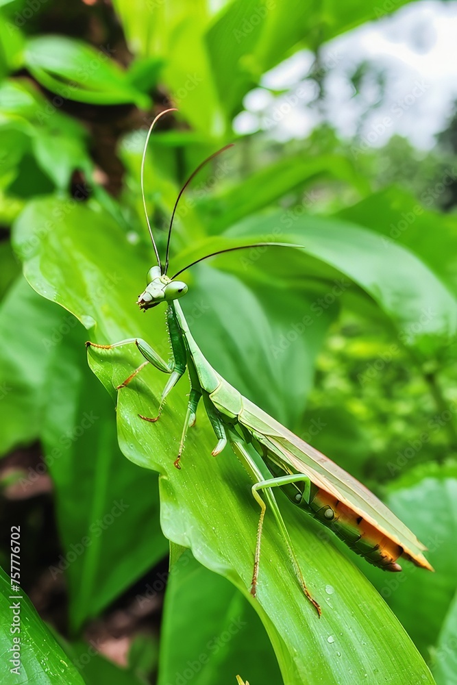 green praying mantis with long antennae and prominent fangs green praying mantis with long antennae and prominent fangs