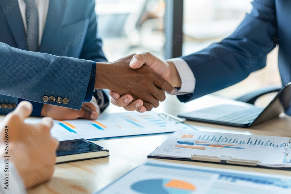 Client and a business consultant shaking hands in agreement during a meeting, showcasing successful negotiations and partnership, Generative AI Client and a business consultant shaking hands in agreement during a meeting, showcasing successful negotiations and partnership, Generative AI