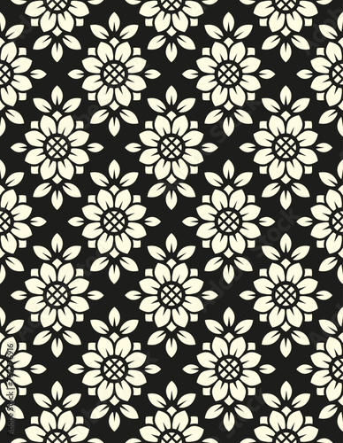 Vector seamless pattern. Tile in retro style with sunflowers on black background. Stylized flower in geometric diamond pattern for wallpaper and textile © Nataliia