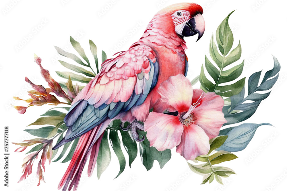 background hibiscus jungle parrot painting cockatoo isolated white watercolor flower leaves Tropical pink palm