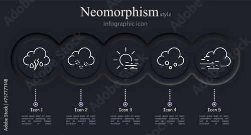 Clouds icon set. Sun, thunderstorm, wind, snowflakes, hail, precipitation, humidity level. Neomorphism style. Vector line icon for business and advertising