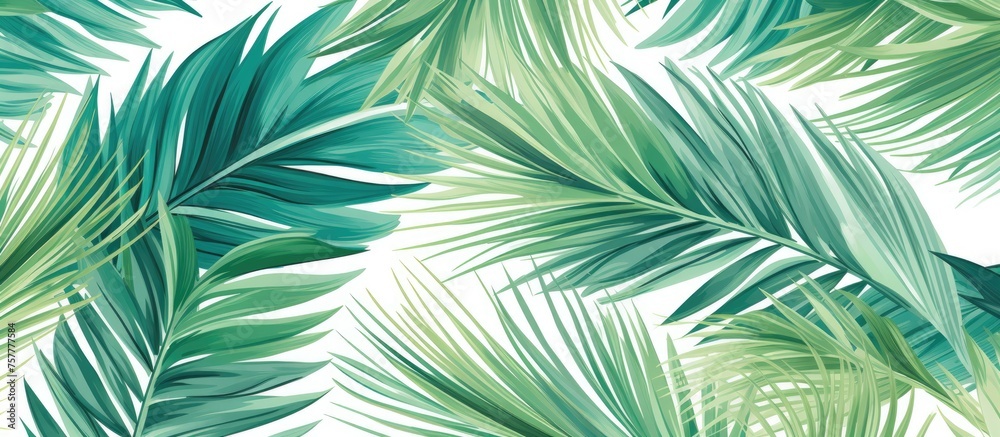 a seamless pattern of green palm leaves on a white background . High quality