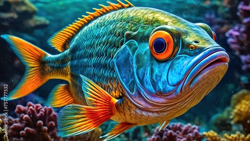 A colorful fish with yellow fins and a big mouth swims near coral reefs.