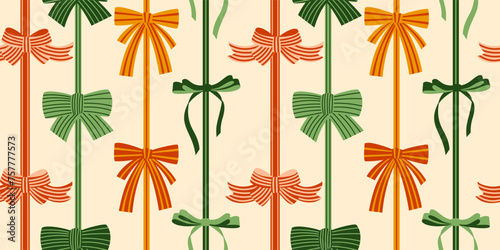 Seamless pattern with various cartoon bow knots, gift ribbons. Trendy hair braiding accessory. Hand drawn vector illustration. Holiday background.